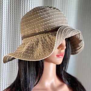 Vintage 90s‎ Scala Collezione Womens Floppy Hat Beige Ribbon Beach Boho Cottage